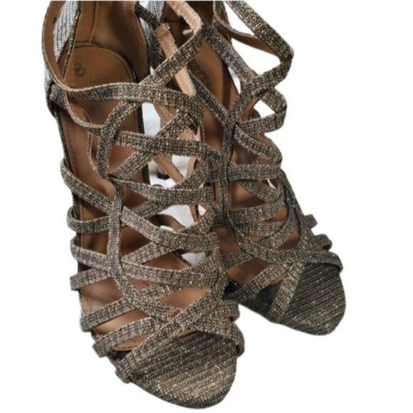 EXPRESS Womens‎ Heels SZ 8 Stiletto Sparkle Glitter Gold Zipper Strappy Open Toe - Picture 12 of 13